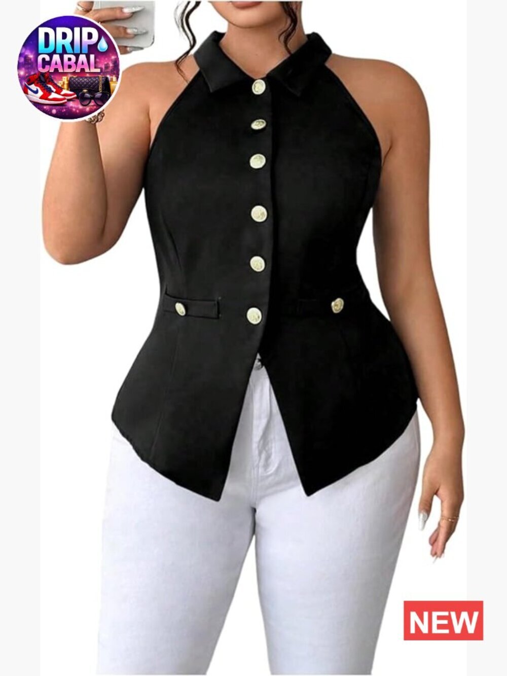 Plus Size Button Down Suit Vest Sleeveless Collared Tank Top